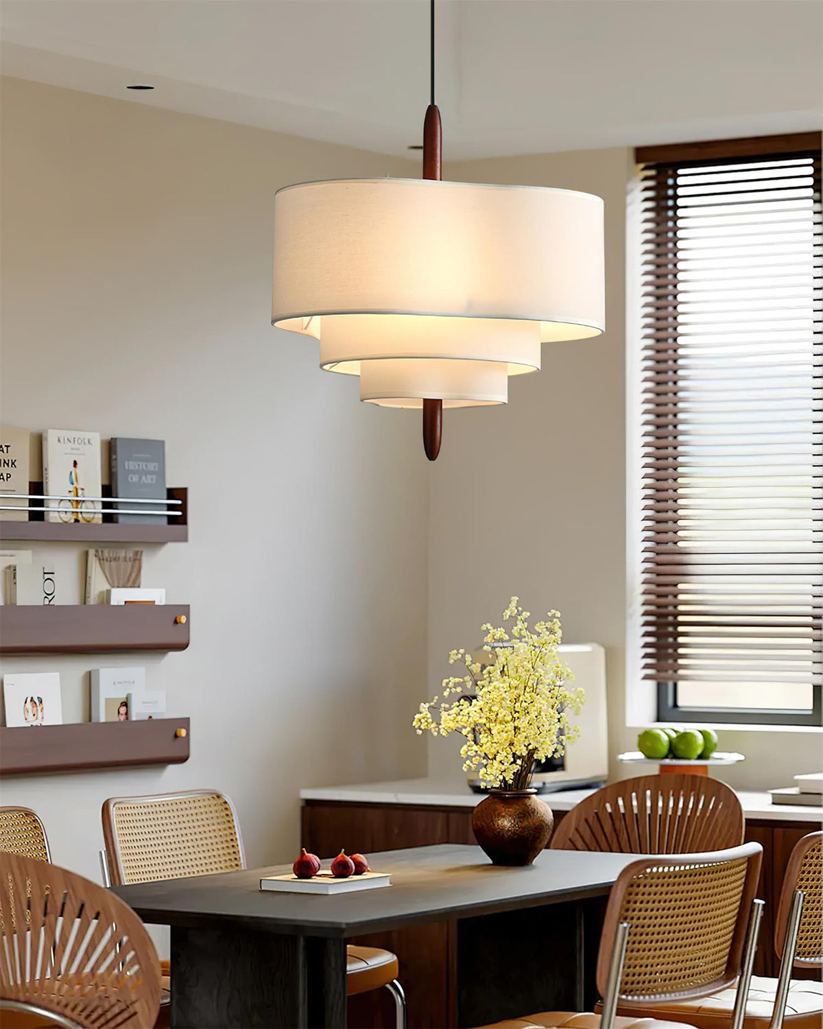 Green Fabric Tiered Drum Pendant Light Wood Accent Scandinavian Ceiling Pendant