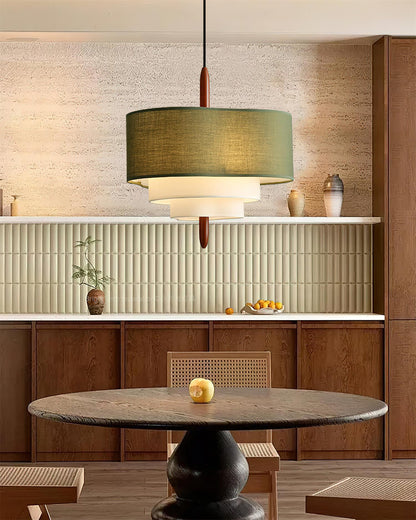 Green Fabric Tiered Drum Pendant Light Wood Accent Scandinavian Ceiling Pendant
