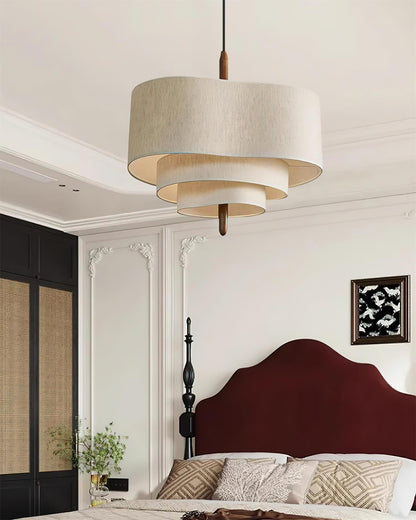 Green Fabric Tiered Drum Pendant Light Wood Accent Scandinavian Ceiling Pendant