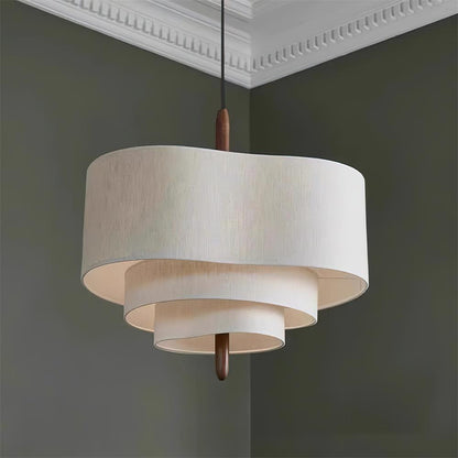 Green Fabric Tiered Drum Pendant Light Wood Accent Scandinavian Ceiling Pendant
