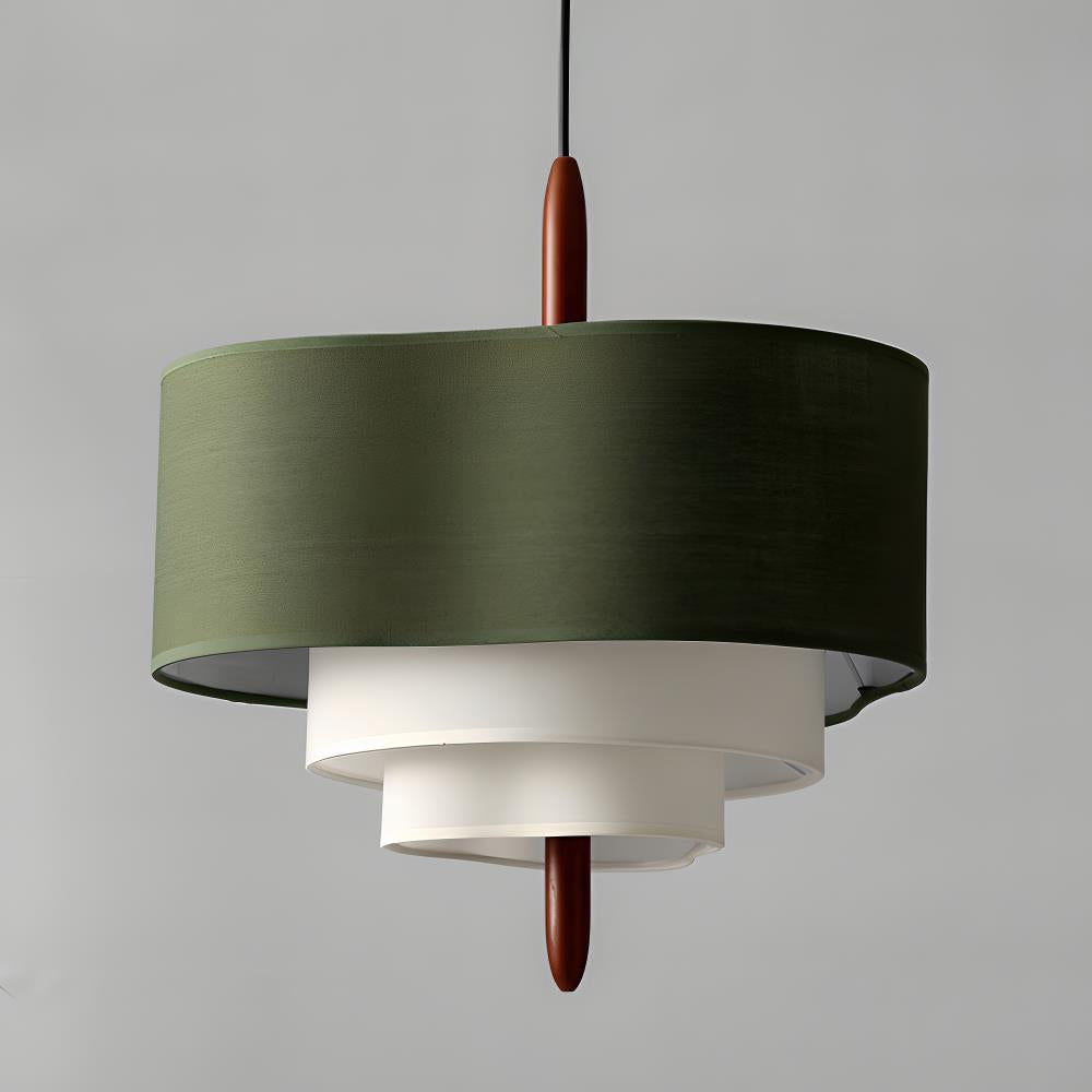 Green Fabric Tiered Drum Pendant Light Wood Accent Scandinavian Ceiling Pendant