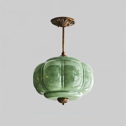 Green Glass Semi Flush Ceiling Light Brass Ribbed Globe Vintage