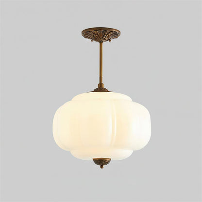Green Glass Semi Flush Ceiling Light Brass Ribbed Globe Vintage