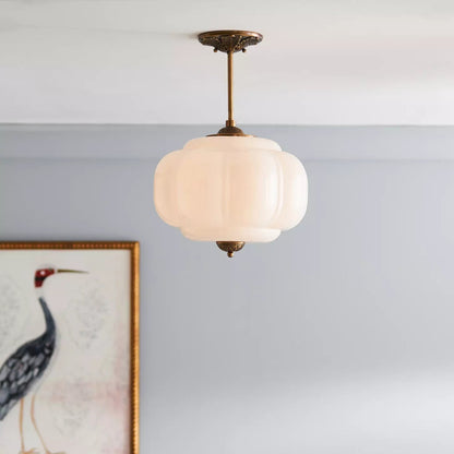 Green Glass Semi Flush Ceiling Light Brass Ribbed Globe Vintage