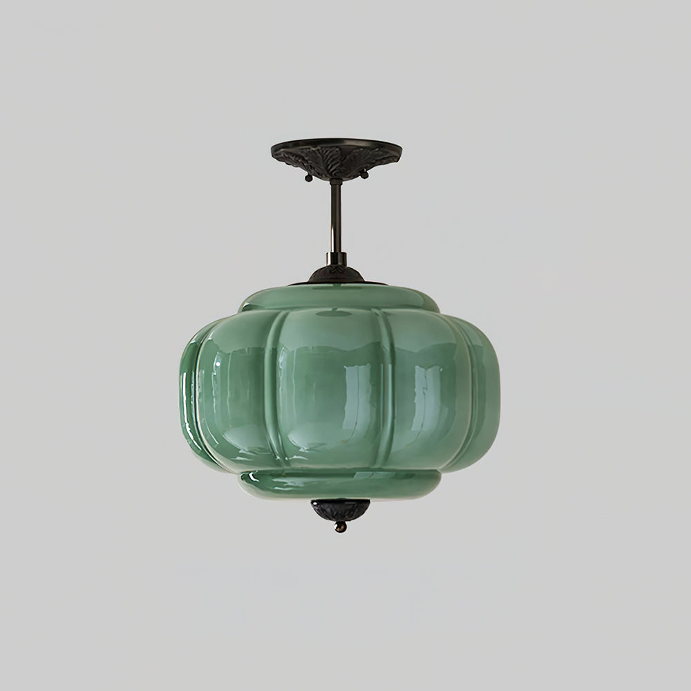 Green Glass Semi Flush Ceiling Light Brass Ribbed Globe Vintage