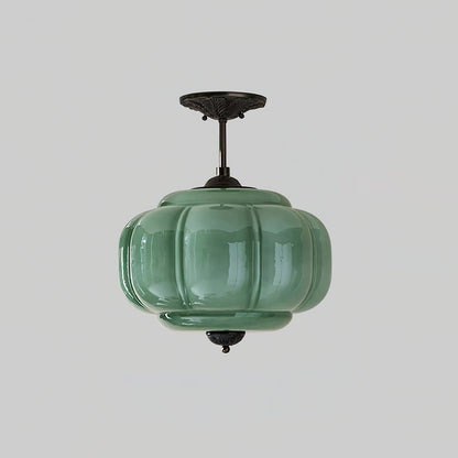 Green Glass Semi Flush Ceiling Light Brass Ribbed Globe Vintage