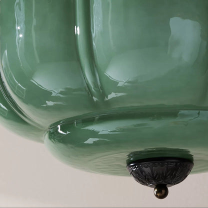 Green Glass Semi Flush Ceiling Light Brass Ribbed Globe Vintage