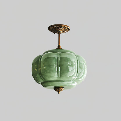 Green Glass Semi Flush Ceiling Light Brass Ribbed Globe Vintage