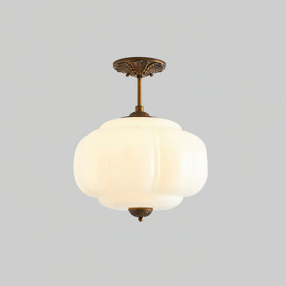 Green Glass Semi Flush Ceiling Light Brass Ribbed Globe Vintage