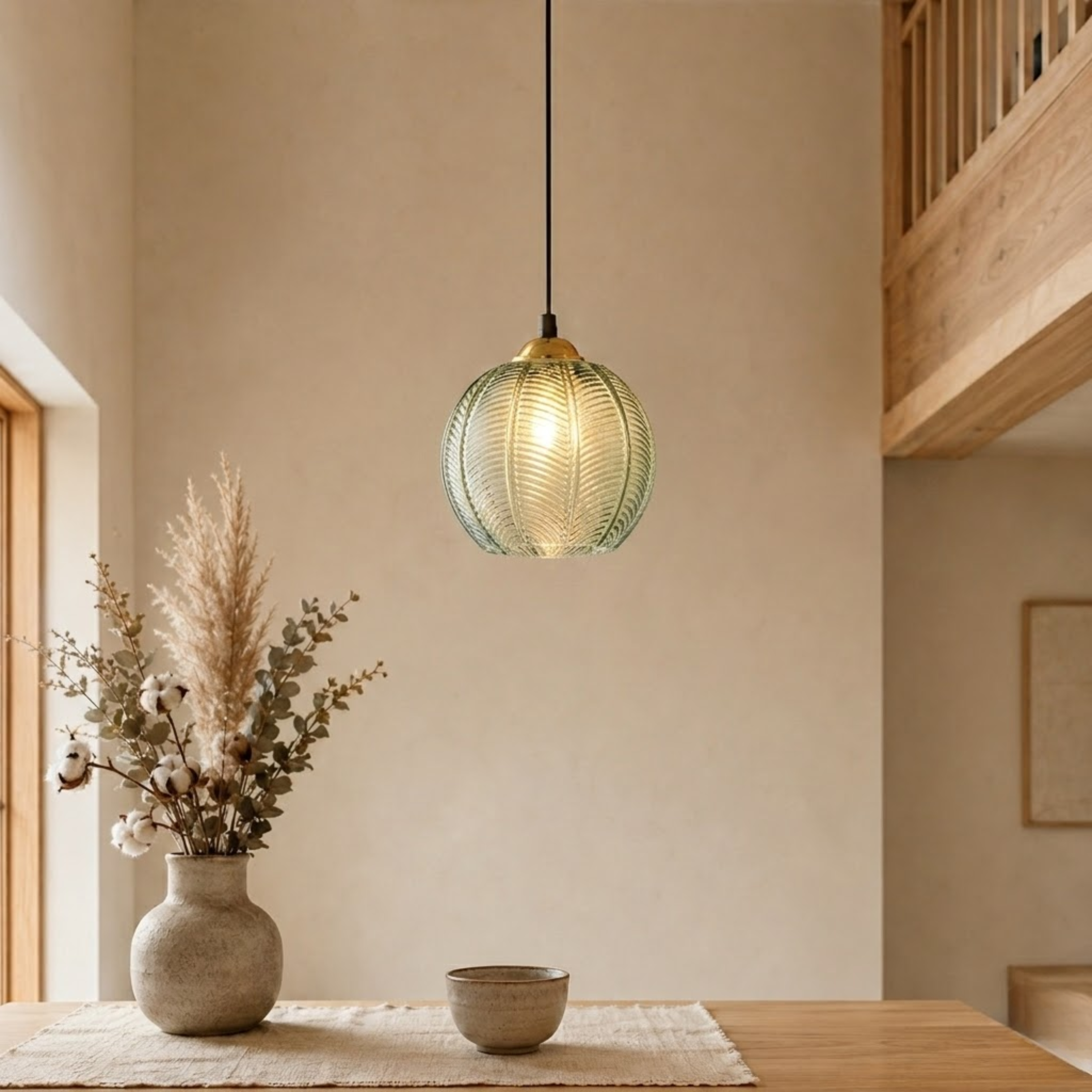 Green Tinted Glass Leaf Pattern Globe Pendant Light