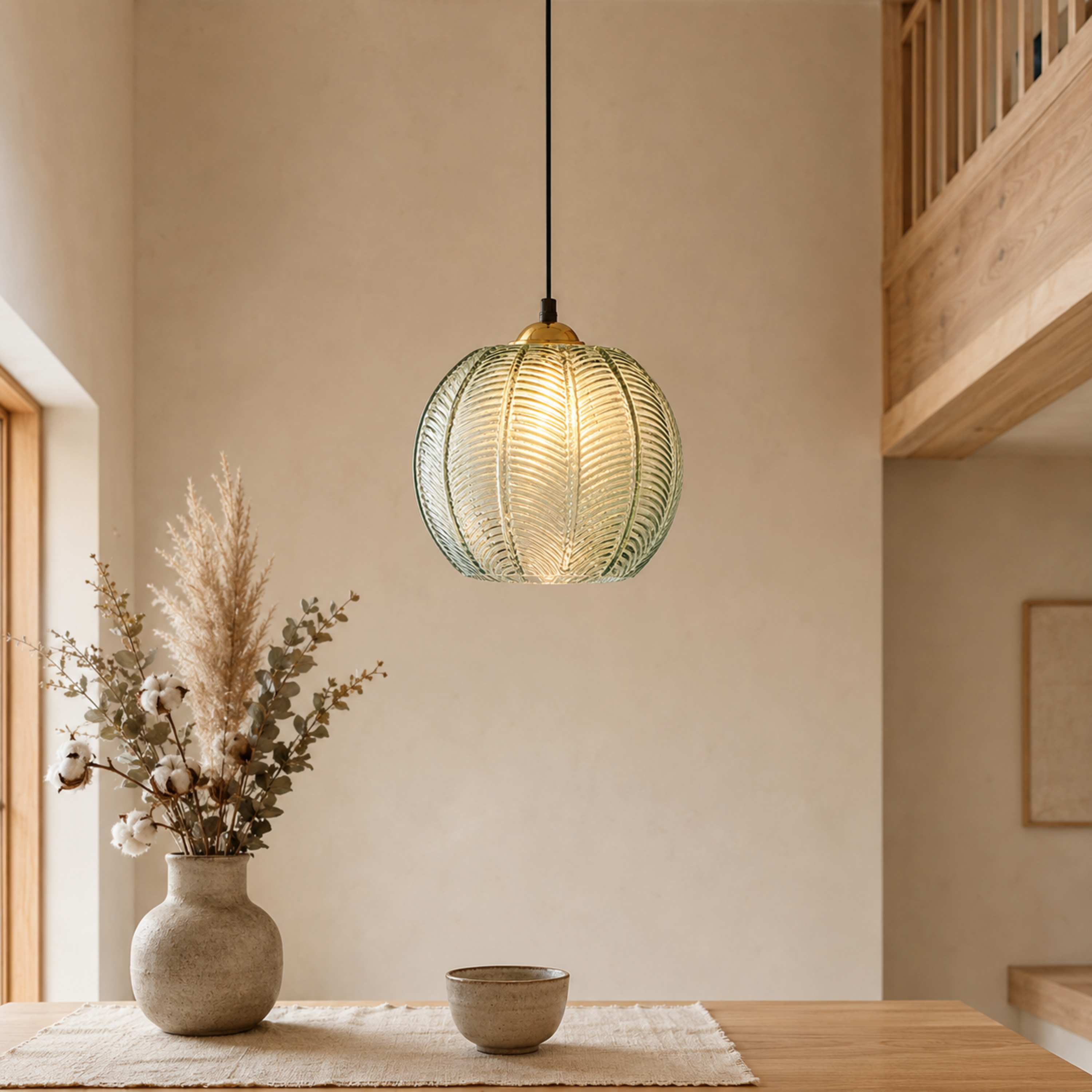 Green Tinted Glass Leaf Pattern Globe Pendant Light