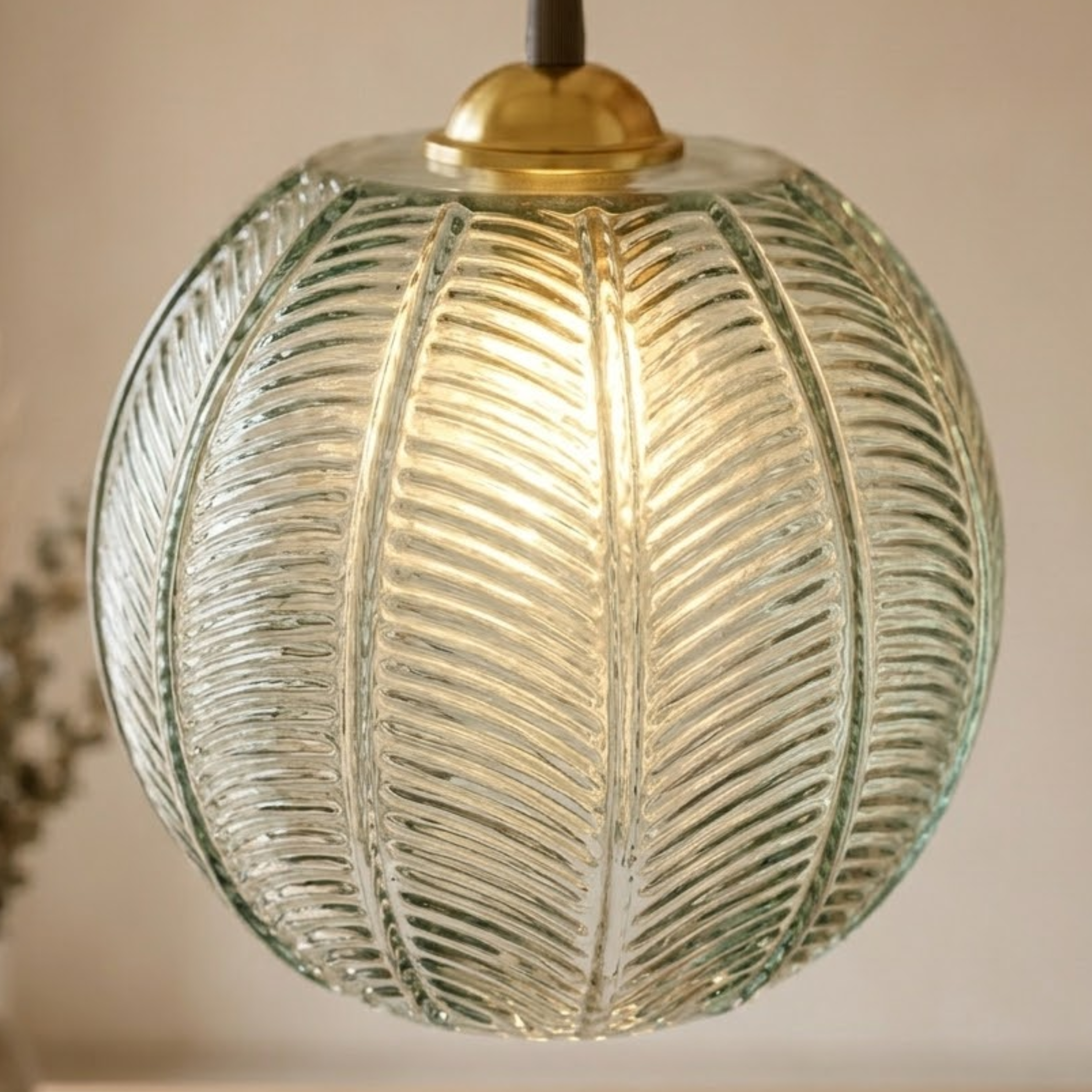 Green Tinted Glass Leaf Pattern Globe Pendant Light