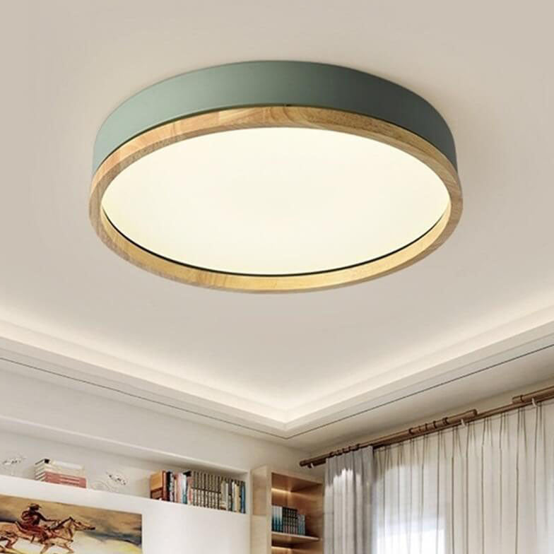 Green Wood Round LED Flush Mount Ceiling Light Nordic Scandi