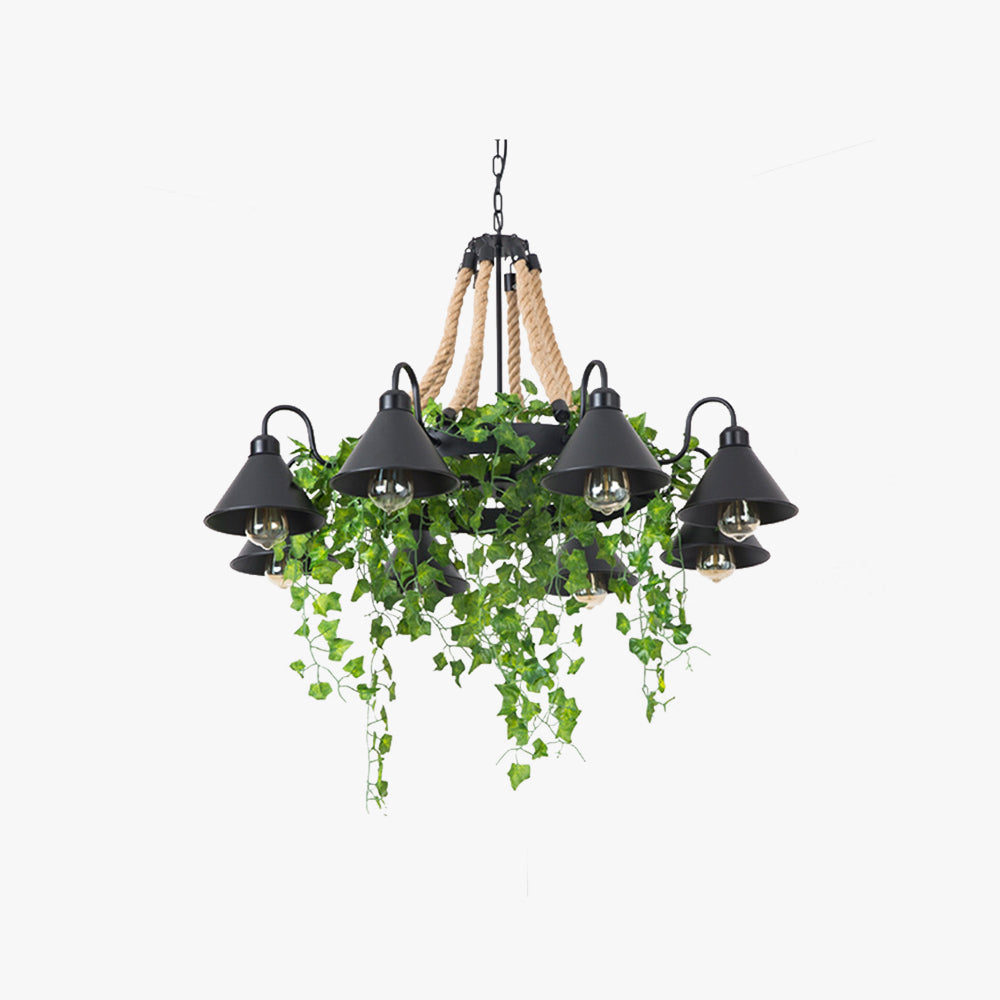 Industrial Black Metal Chandelier With Rope Detail And Cone Shades