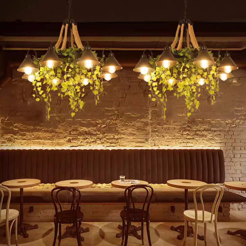 Industrial Black Metal Chandelier With Rope Detail And Cone Shades