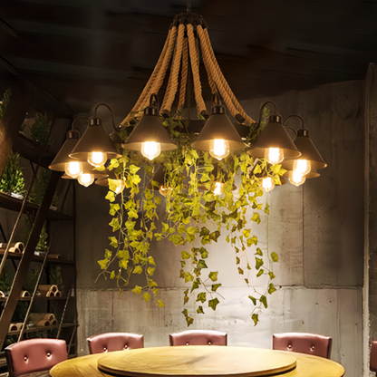 Industrial Black Metal Chandelier With Rope Detail And Cone Shades