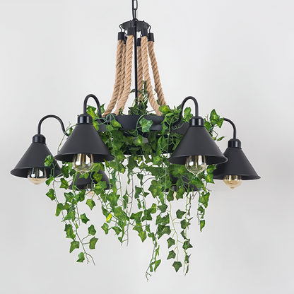 Industrial Black Metal Chandelier With Rope Detail And Cone Shades