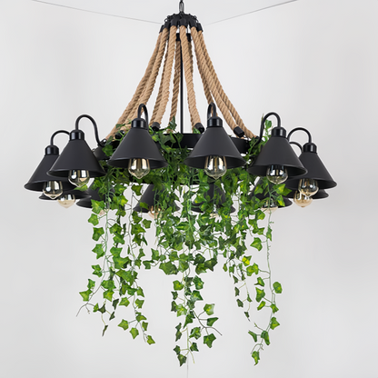 Industrial Black Metal Chandelier With Rope Detail And Cone Shades