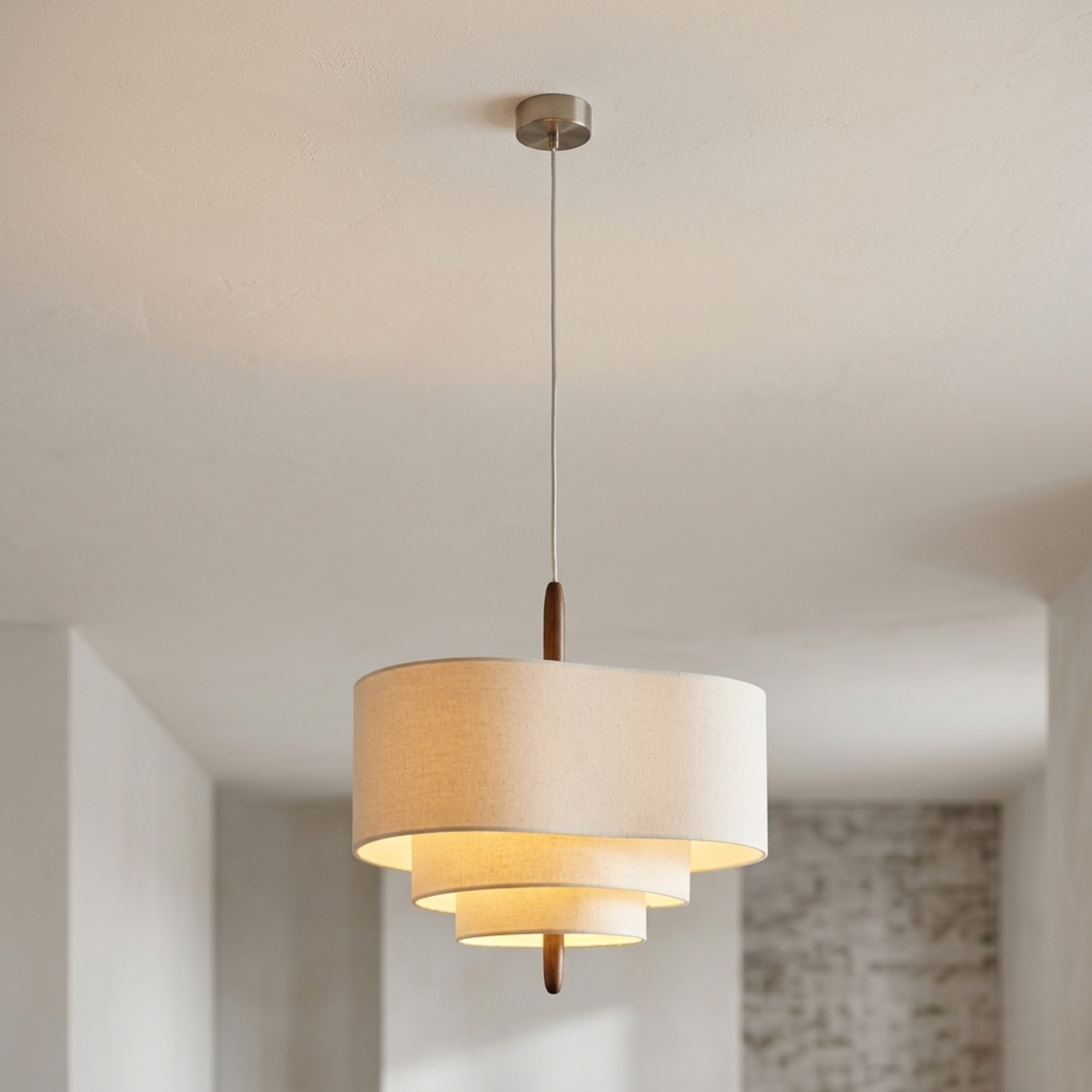 Japandi Cream Fabric Tiered Drum Pendant Light
