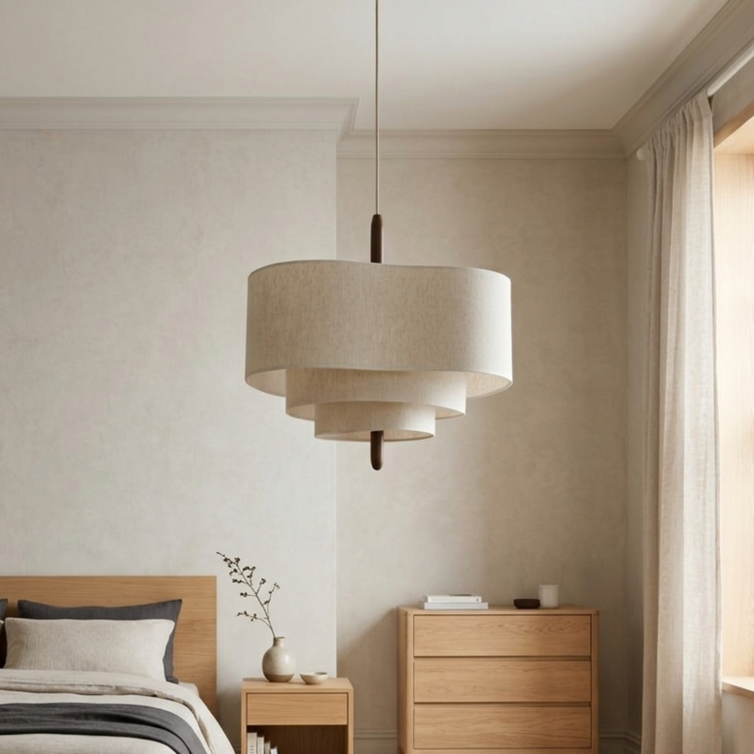 Japandi Cream Fabric Tiered Drum Pendant Light
