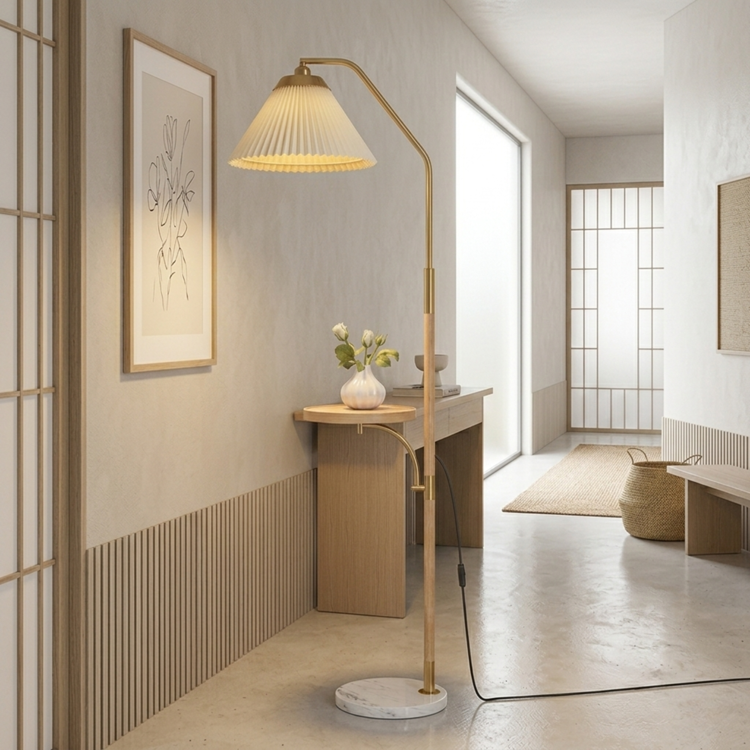 Japandi Pleated Lampshade LED Floor Lamp with Side Table Wood Tone Finish