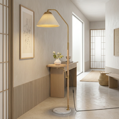 Japandi Pleated Lampshade LED Floor Lamp with Side Table Wood Tone Finish