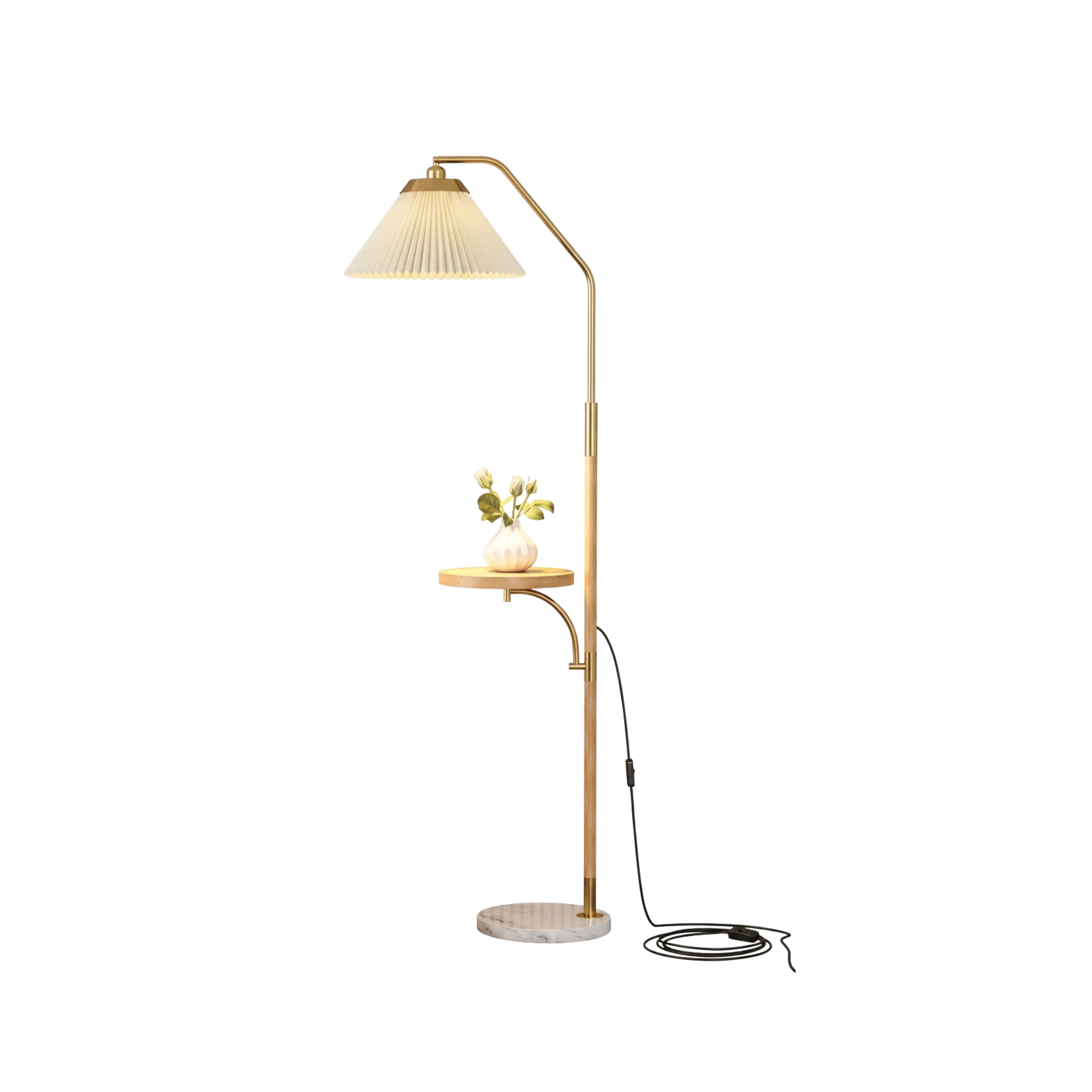 Japandi Pleated Lampshade LED Floor Lamp with Side Table Wood Tone Finish