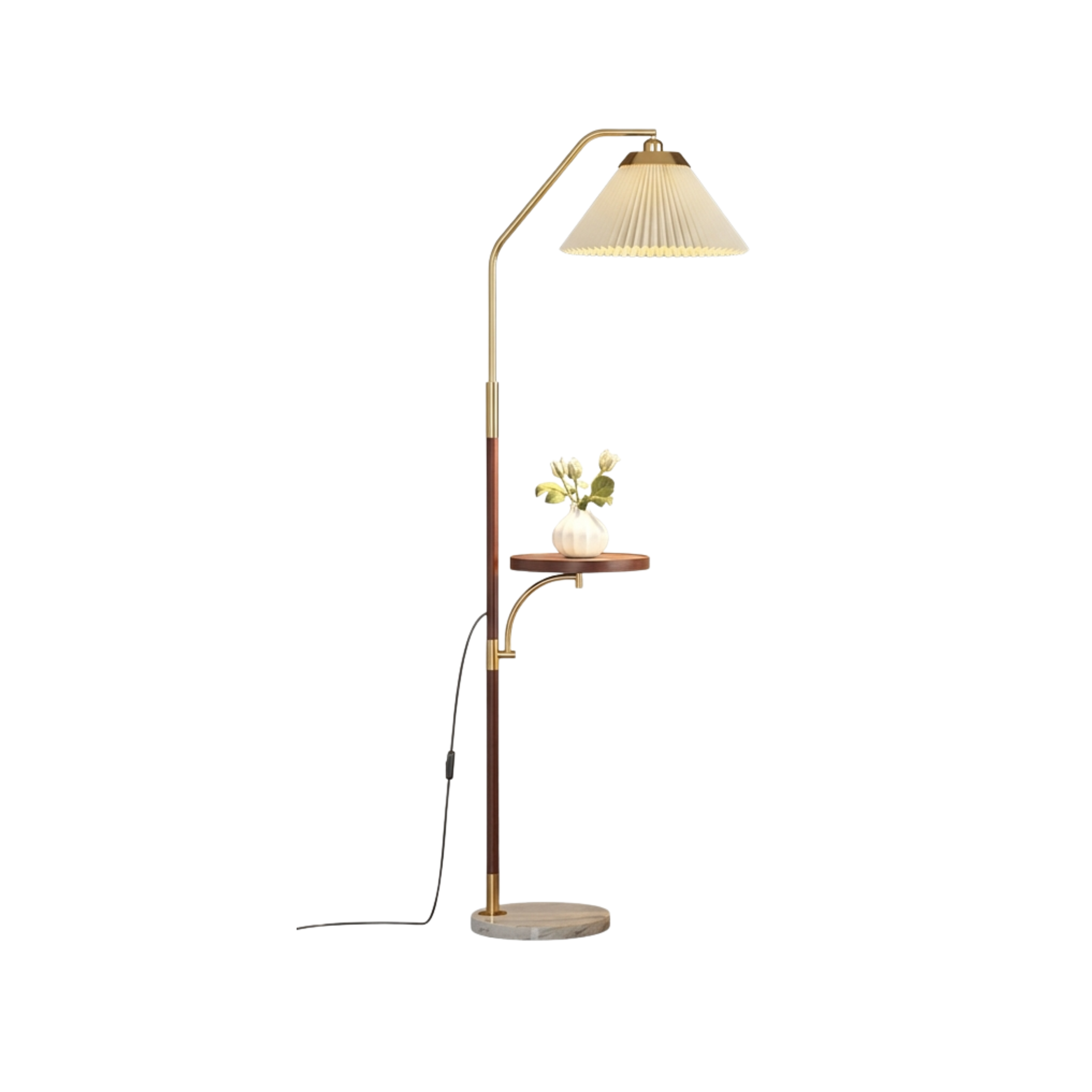 Japandi Pleated Lampshade LED Floor Lamp with Side Table Wood Tone Finish