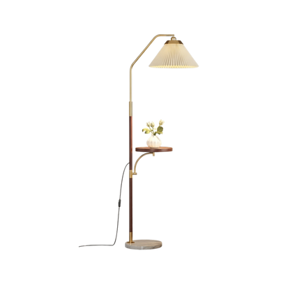 Japandi Pleated Lampshade LED Floor Lamp with Side Table Wood Tone Finish