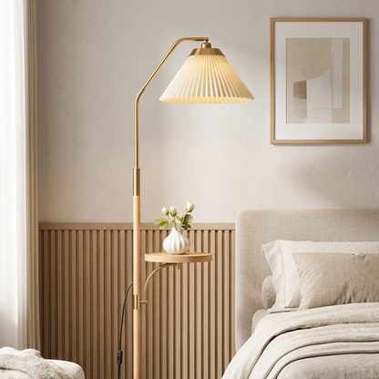 Japandi Pleated Lampshade LED Floor Lamp with Side Table Wood Tone Finish