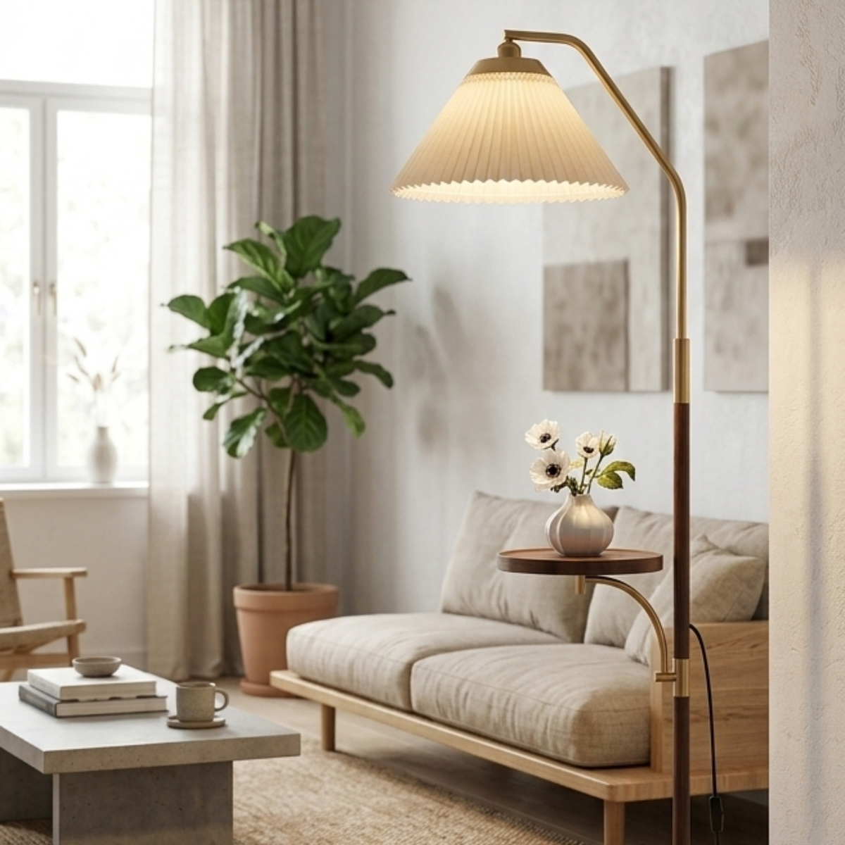 Japandi Pleated Lampshade LED Floor Lamp with Side Table Wood Tone Finish