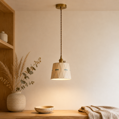 Japandi Retro Ceramic Pendant Light With Brass Fitting