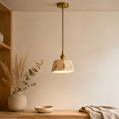 Japandi Retro Ceramic Pendant Light With Brass Fitting