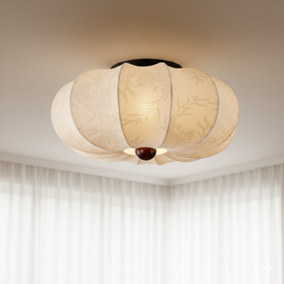 Japandi Silk Fabric Flush Mount Ceiling Light With Wood Detail