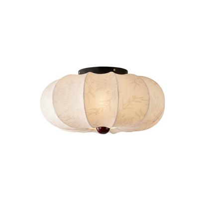 Japandi Silk Fabric Flush Mount Ceiling Light With Wood Detail