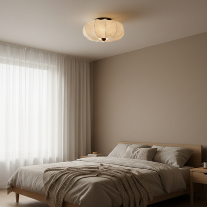 Japandi Silk Fabric Flush Mount Ceiling Light With Wood Detail
