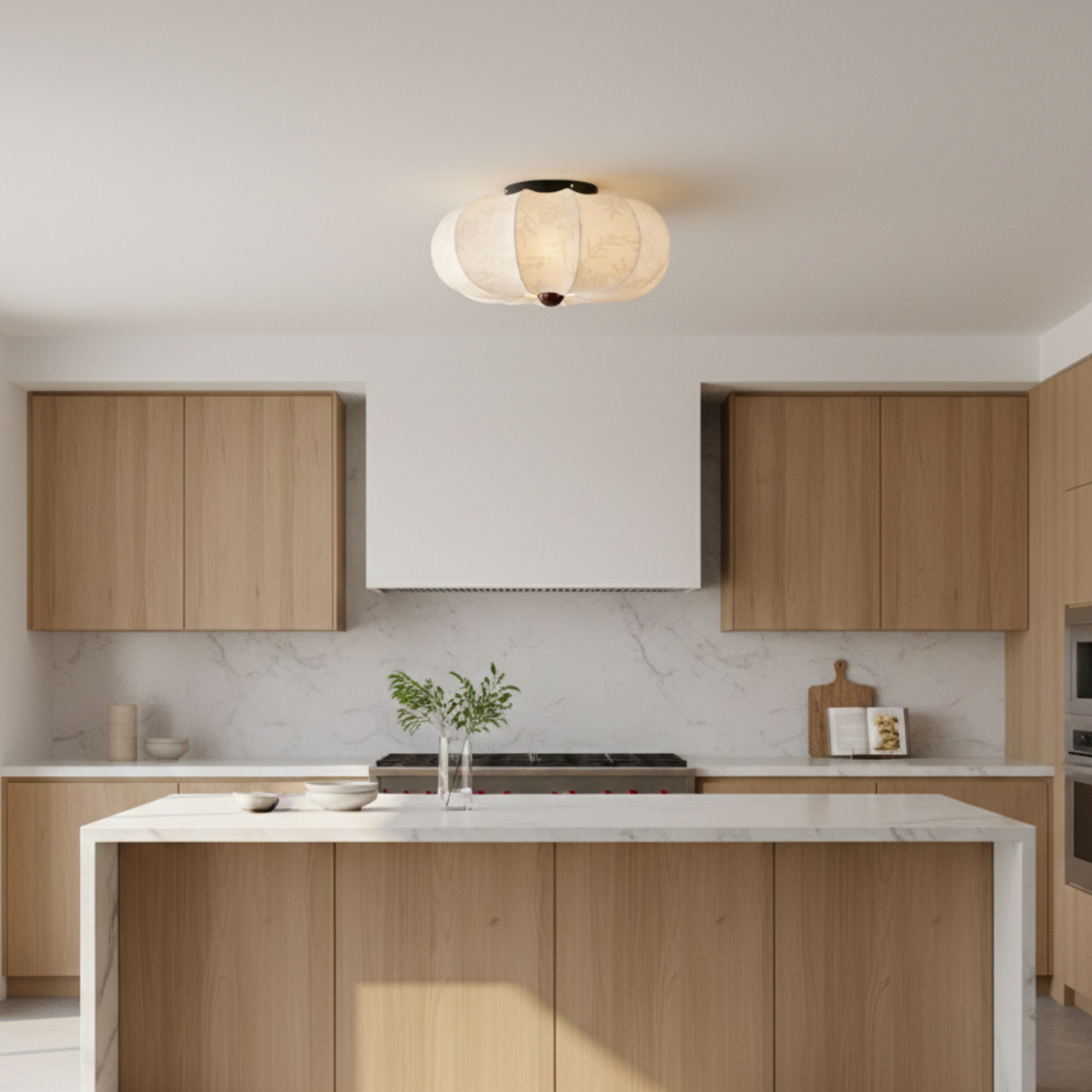 Japandi Silk Fabric Flush Mount Ceiling Light With Wood Detail
