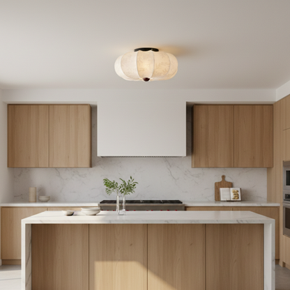 Japandi Silk Fabric Flush Mount Ceiling Light With Wood Detail