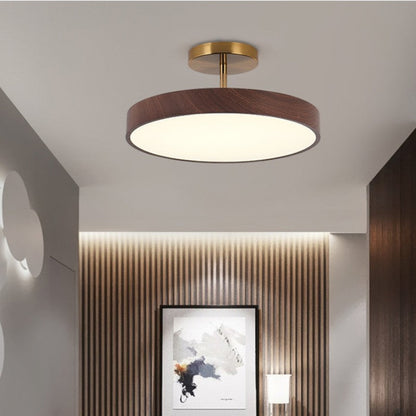 Japandi Wood Effect Round LED Semi Flush Mount Ceiling Light