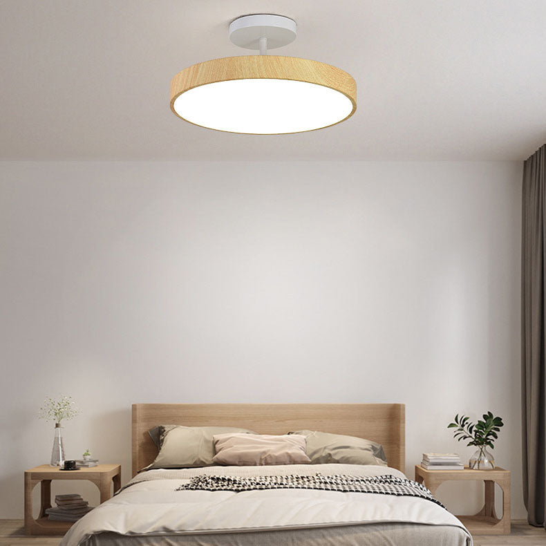 Japandi Wood Effect Round LED Semi Flush Mount Ceiling Light