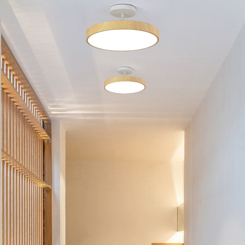 Japandi Wood Effect Round LED Semi Flush Mount Ceiling Light