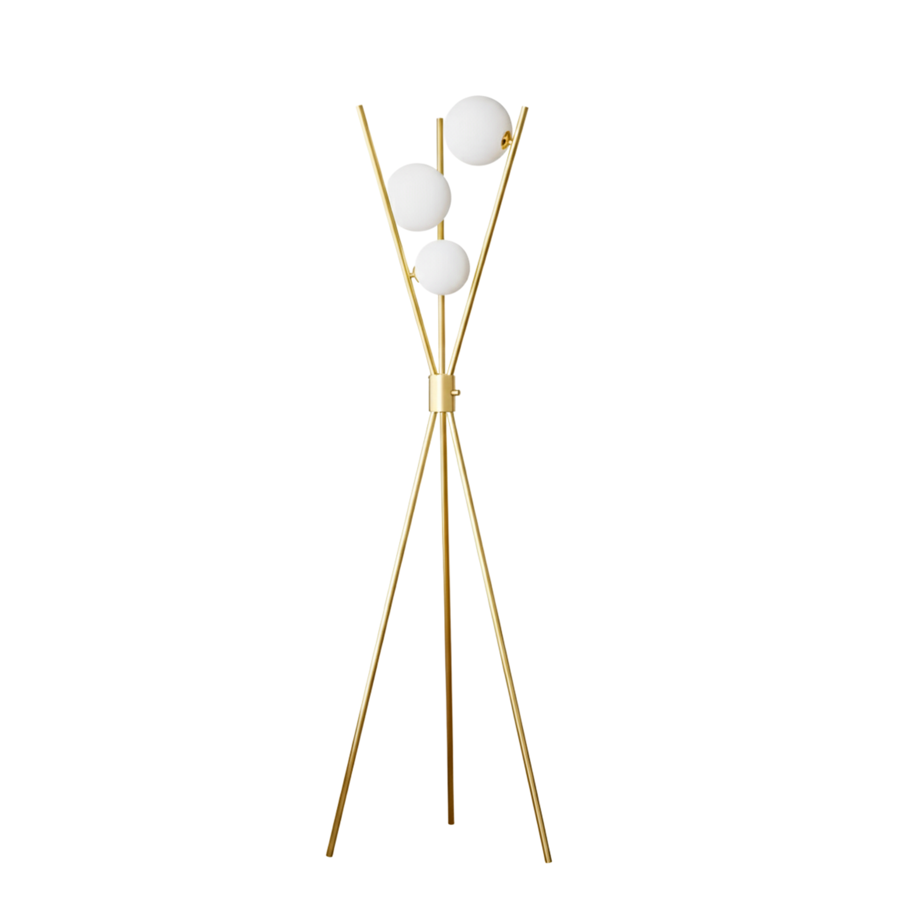 Mid Century Brass Tone Dimmable Tripod Floor Lamp with Three Globe Shades