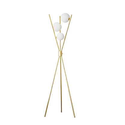 Mid Century Brass Tone Dimmable Tripod Floor Lamp with Three Globe Shades