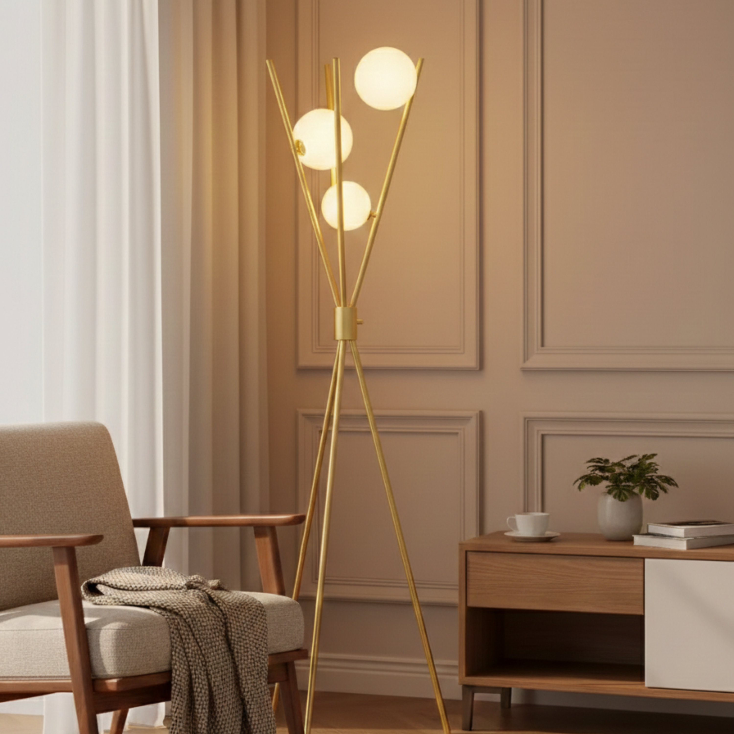 Mid Century Brass Tone Dimmable Tripod Floor Lamp with Three Globe Shades