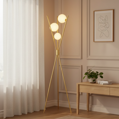 Mid Century Brass Tone Dimmable Tripod Floor Lamp with Three Globe Shades