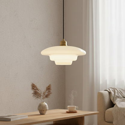 Mid Century White Opal Glass Pendant Light With Brass Detail