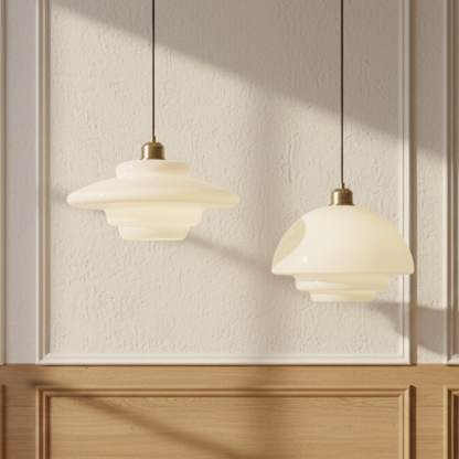 Mid Century White Opal Glass Pendant Light With Brass Detail