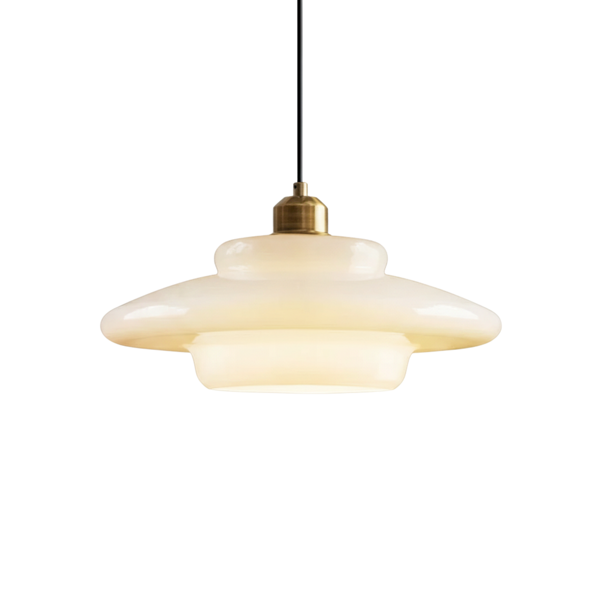 Mid Century White Opal Glass Pendant Light With Brass Detail