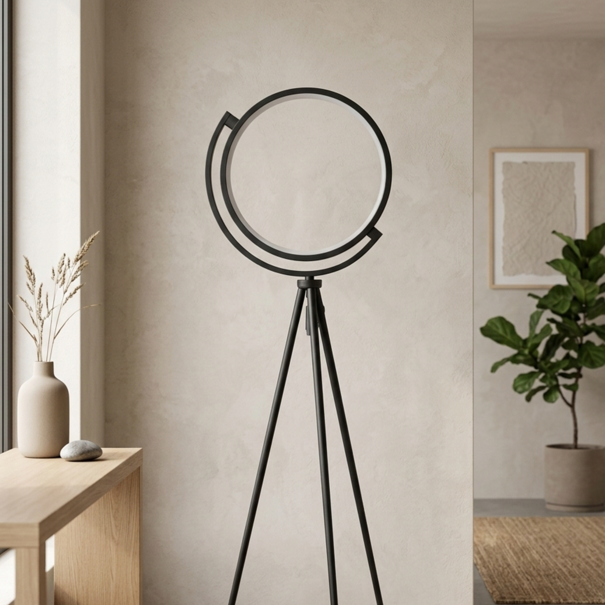 Minimalist Black Aluminium LED Ring Tripod Floor Lamp