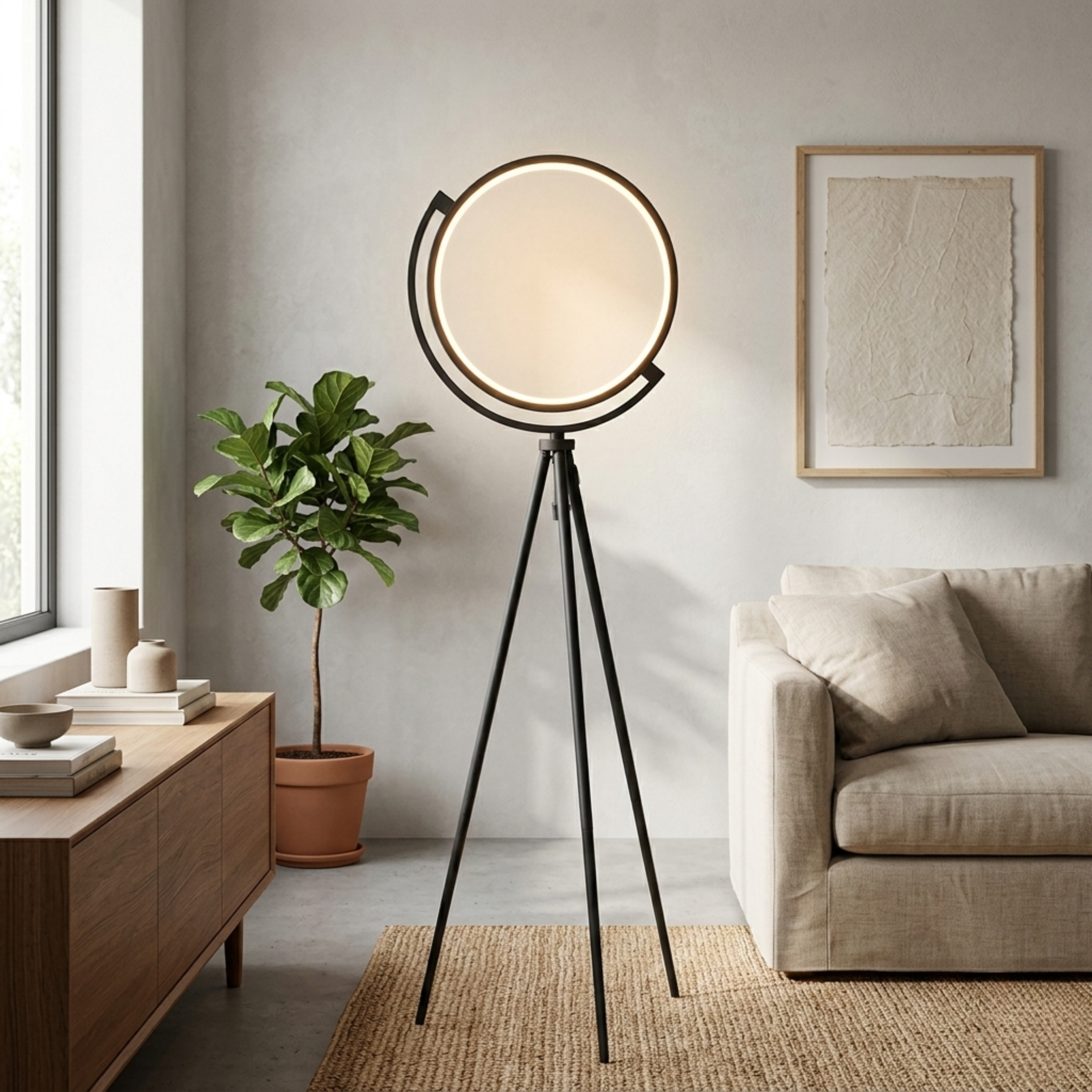Minimalist Black Aluminium LED Ring Tripod Floor Lamp